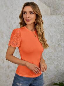 SHEIN Clasi 拼接網眼刺繡泡泡袖T恤 - 橘色 - 查看 3