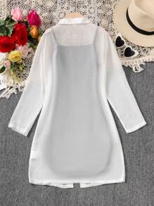 SHEIN Tween Girl Solid Cami Dress & Sheer Mesh Blouse - Black and White - View 2