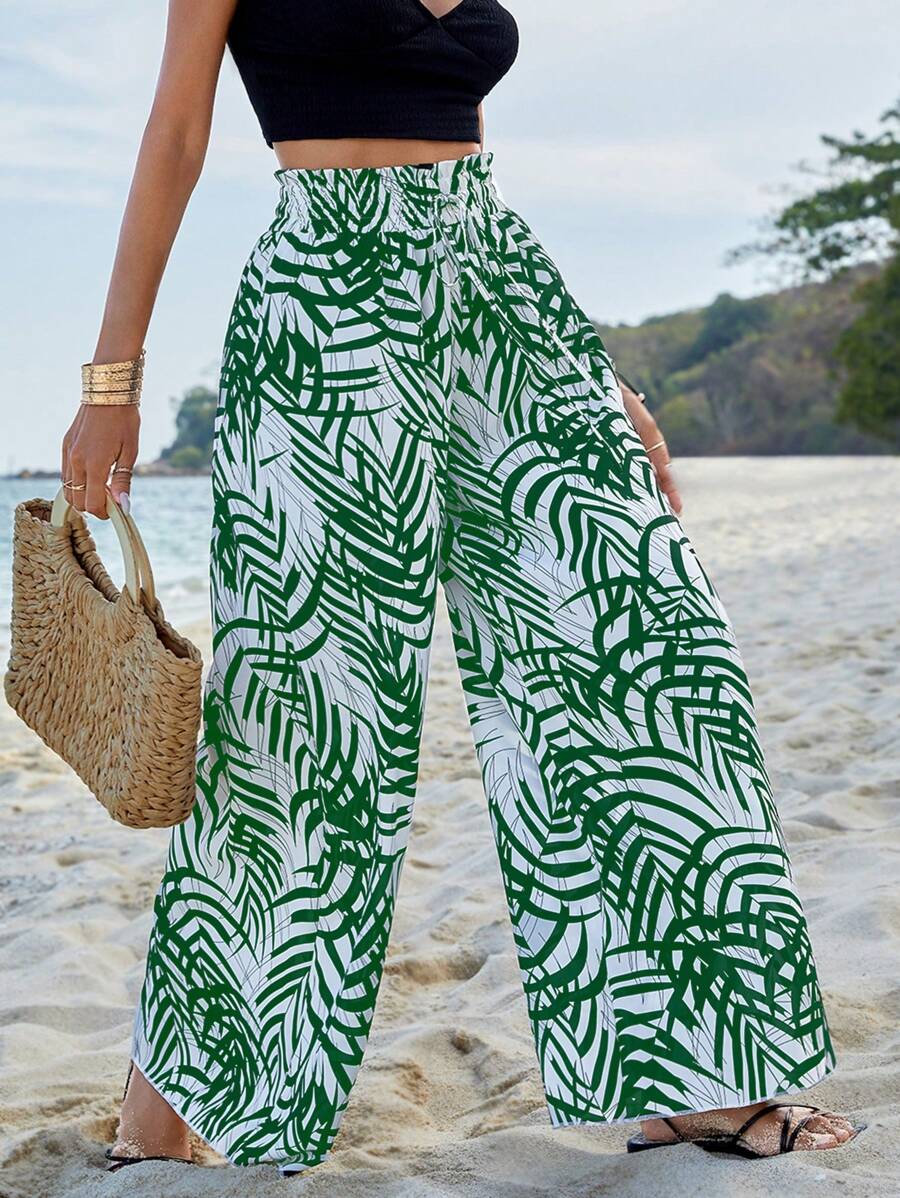 SHEIN VCAY 熱帶圖案紙袋腰闊腿褲 - 白色 - 查看 1