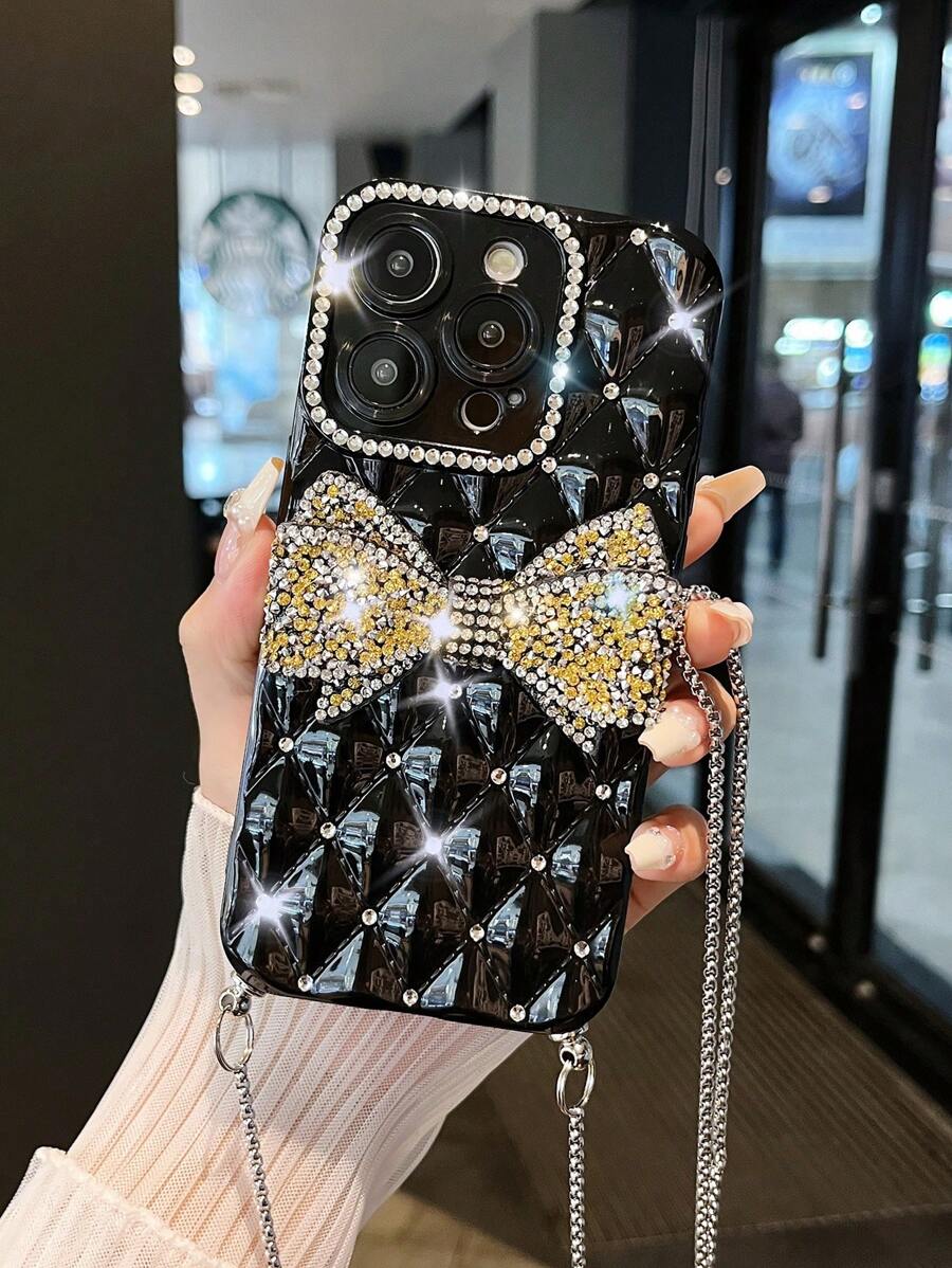 Vỏ điện thoại trang trí nơ rhinestone có dây buộc - Vàng - Xem 1