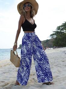 SHEIN VCAY 熱帶圖案紙袋腰闊腿褲 - 白色 - 查看 3