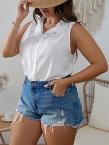 SHEIN LUNE 大碼前紐扣襯衫連體衣 - 白色 - 查看 4