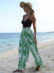 SHEIN VCAY 熱帶圖案紙袋腰闊腿褲 - 白色 - 查看 4