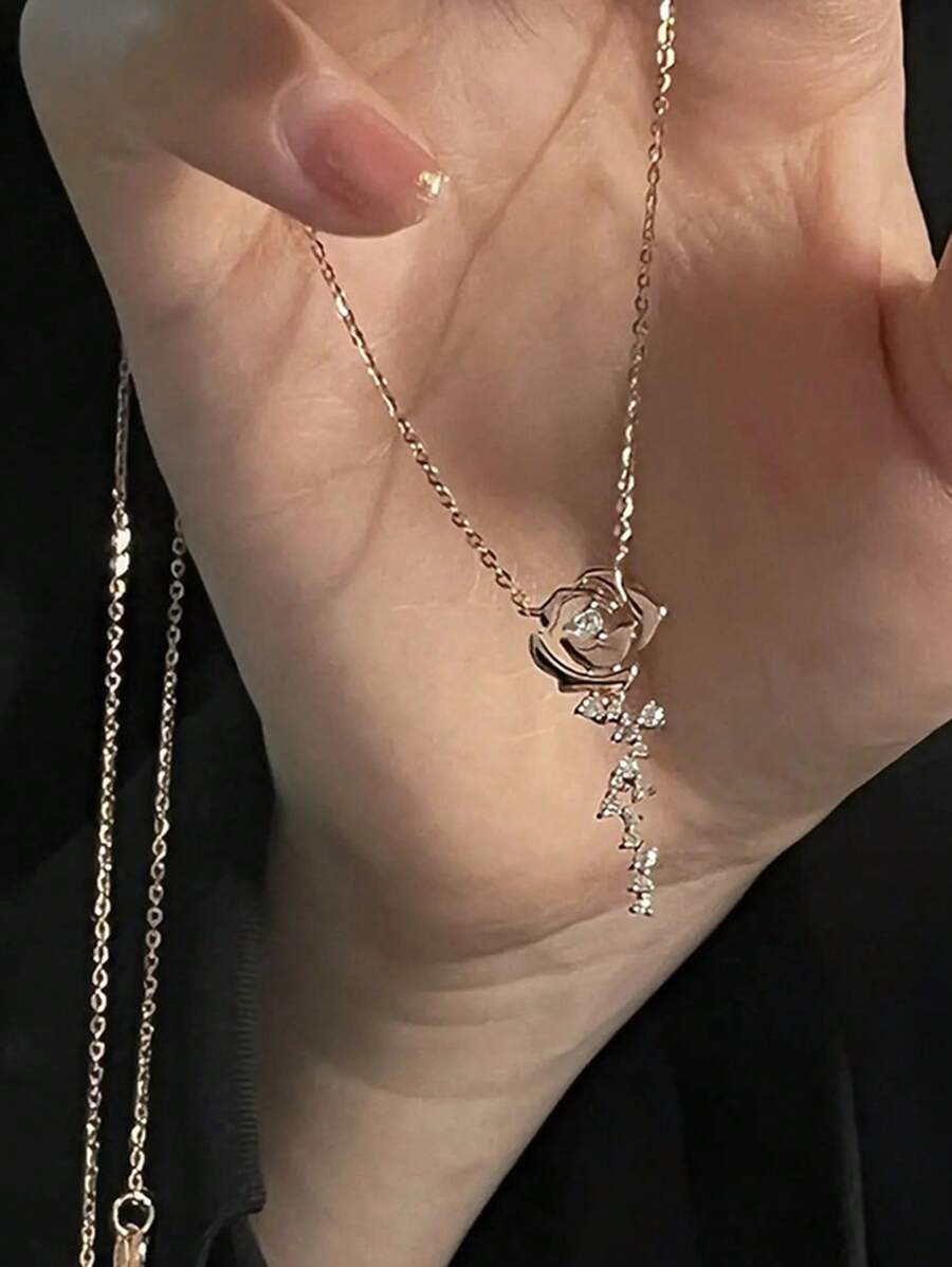 Vòng cổ quyến rũ hoa đính đá rhinestone - Vàng - Xem 1