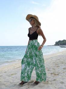 SHEIN VCAY 熱帶圖案紙袋腰闊腿褲 - 白色 - 查看 5