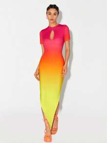 ROCKY J Ombre Keyhole Neckline Asymmetrical Hem Bodycon Dress - Multicolor - View 1