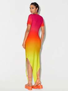 ROCKY J Ombre Keyhole Neckline Asymmetrical Hem Bodycon Dress - Multicolor - View 2