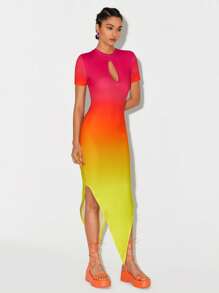 ROCKY J Ombre Keyhole Neckline Asymmetrical Hem Bodycon Dress - Multicolor - View 3
