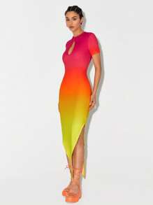 ROCKY J Ombre Keyhole Neckline Asymmetrical Hem Bodycon Dress - Multicolor - View 5