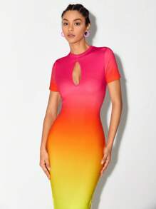 ROCKY J Ombre Keyhole Neckline Asymmetrical Hem Bodycon Dress - Multicolor - View 6