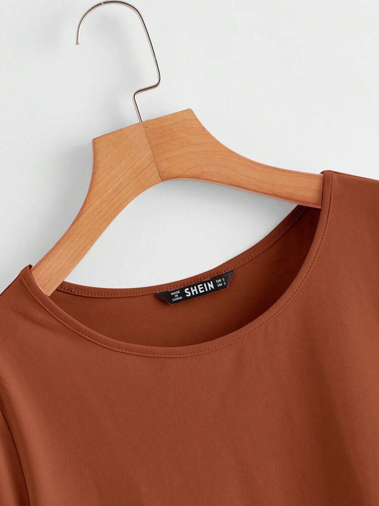 レディース カジュアル 無地 ラウンドネック フリル袖 半袖Tシャツ