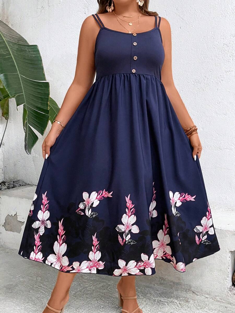Plus Floral Print Cami Dress - Blue - View 1