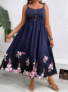 Plus Floral Print Cami Dress - Blue - View 3