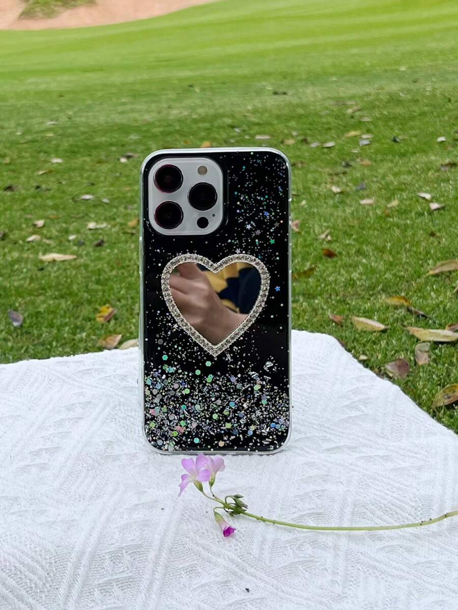 Sequin Decor Anti-Fall Phone Case With Rhinestone Heart Design Mirror - Black - View 1