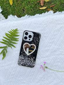 Sequin Decor Anti-Fall Phone Case With Rhinestone Heart Design Mirror - Black - View 2