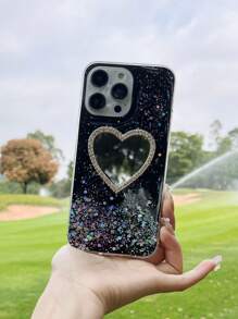 Sequin Decor Anti-Fall Phone Case With Rhinestone Heart Design Mirror - Black - View 3