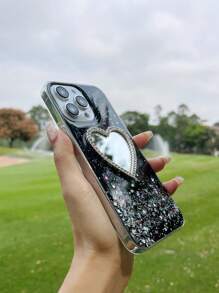 Sequin Decor Anti-Fall Phone Case With Rhinestone Heart Design Mirror - Black - View 5