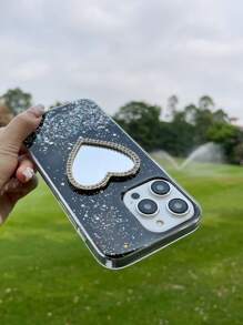 Sequin Decor Anti-Fall Phone Case With Rhinestone Heart Design Mirror - Black - View 6
