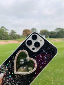 Sequin Decor Anti-Fall Phone Case With Rhinestone Heart Design Mirror - Black - View 7