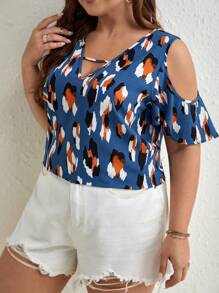 SHEIN Frenchy Plus Allover Print Cold Shoulder Cut Out Front Blouse - Multicolor - View 6