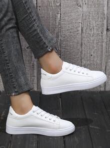 運動白色運動鞋適用於女士字母圖案前綁帶板鞋 - 白色 - 查看 1