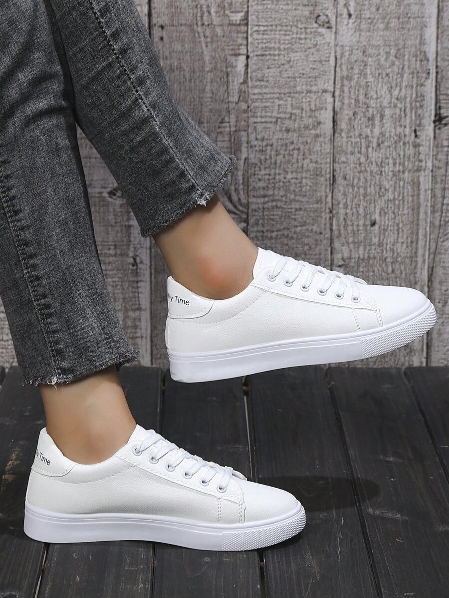 運動白色運動鞋適用於女士字母圖案前綁帶板鞋 - 白色 - 查看 1