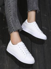 運動白色運動鞋適用於女士字母圖案前綁帶板鞋 - 白色 - 查看 3