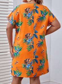 SHEIN VCAY 大碼熱帶圖案蝙蝠袖直筒洋裝 - 彩色 - 查看 3