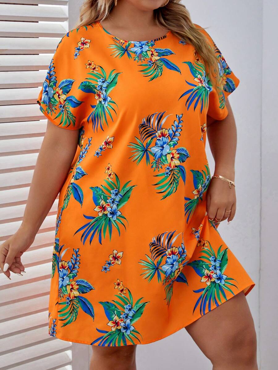 SHEIN VCAY 大碼熱帶圖案蝙蝠袖直筒洋裝 - 彩色 - 查看 1