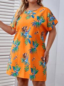 SHEIN VCAY 大碼熱帶圖案蝙蝠袖直筒洋裝 - 彩色 - 查看 4