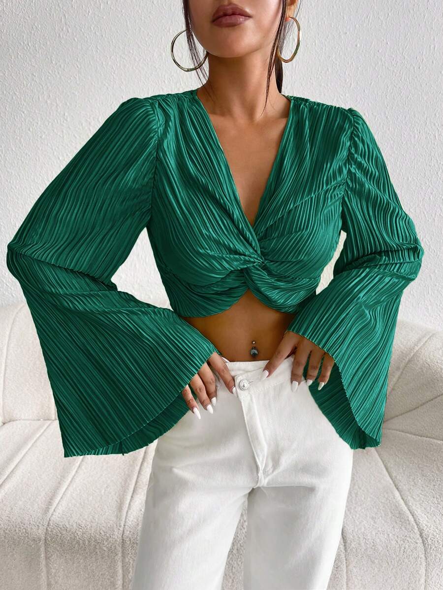 SHEIN Privé 前扭結喇叭袖短款上衣 - 墨綠色 - 查看 1