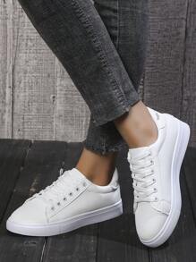 運動白色運動鞋適用於女士字母圖案前綁帶板鞋 - 白色 - 查看 4