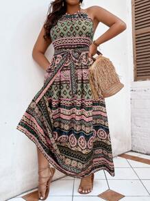 SHEIN LUNE Đầm Plus Size Thắt lưng Hình học Bộ lạc Boho - Hồng - Xem 3
