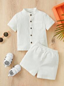 Conjunto Casual De Camisa Con Bolsillo De Parche Y Pantalones Cortos Para Niño, Adecuado Para Vestimenta De Verano