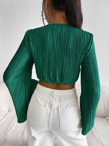SHEIN Privé 前扭結喇叭袖短款上衣 - 墨綠色 - 查看 2