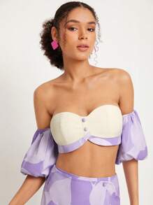 Alessia Bianchi Off Shoulder Puff Sleeve Button Front Colourblock Crop Top - Multicolor - View 1
