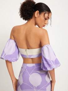 Alessia Bianchi Off Shoulder Puff Sleeve Button Front Colourblock Crop Top - Multicolor - View 2