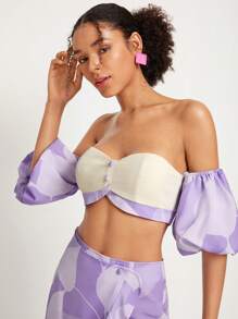Alessia Bianchi Off Shoulder Puff Sleeve Button Front Colourblock Crop Top - Multicolor - View 4