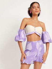 Alessia Bianchi Off Shoulder Puff Sleeve Button Front Colourblock Crop Top - Multicolor - View 5