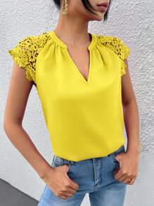 SHEIN Clasi 拼接水溶蕾絲插肩袖缺口領襯衫 - 黃色 - 查看 3