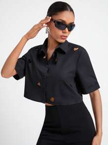 KATHARSIS Áo sơ mi nữ Cắt ra Nút phía trước màu trơn Giải trí - màu đen - Xem 5