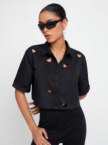 KATHARSIS Áo sơ mi nữ Cắt ra Nút phía trước màu trơn Giải trí - màu đen - Xem 6