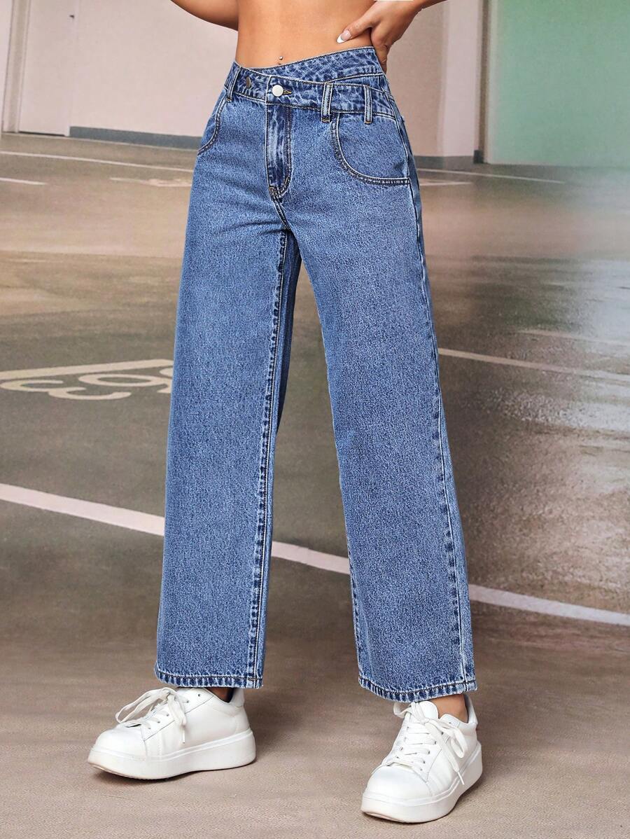 SHEIN PETITE Jeans de pierna recta con bolsillo oblicuo