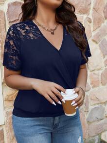 SHEIN Clasi Plus Contrast Lace Surplice Neck Tee - Navy Blue - View 5