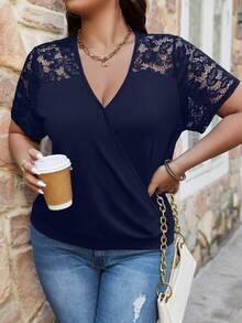 SHEIN Clasi Plus Contrast Lace Surplice Neck Tee - Navy Blue - View 6
