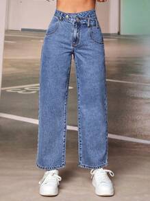 SHEIN PETITE Jeans de pierna recta con bolsillo oblicuo