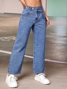 SHEIN PETITE Jeans de pierna recta con bolsillo oblicuo