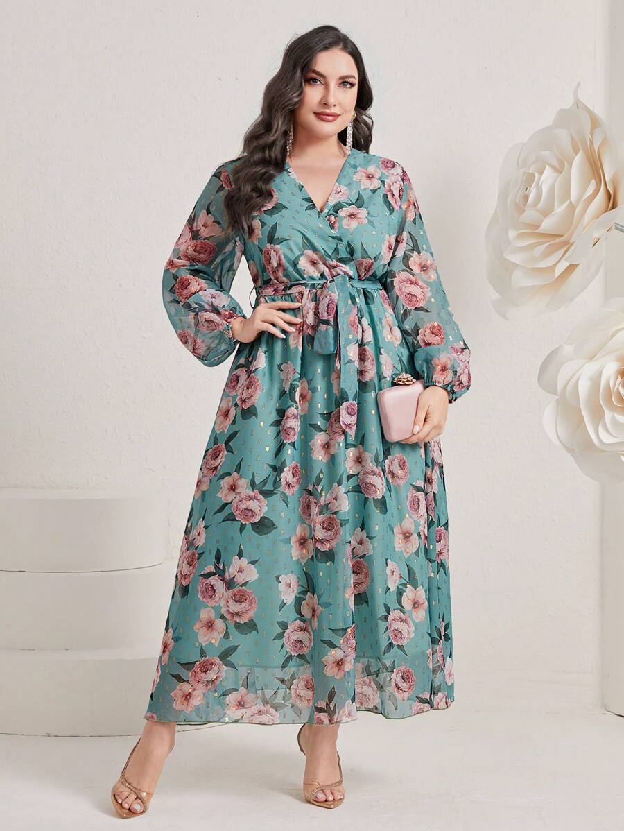 Modelyn 大碼印花燈籠袖繫腰帶連衣裙 - 薄荷綠 - 查看 1