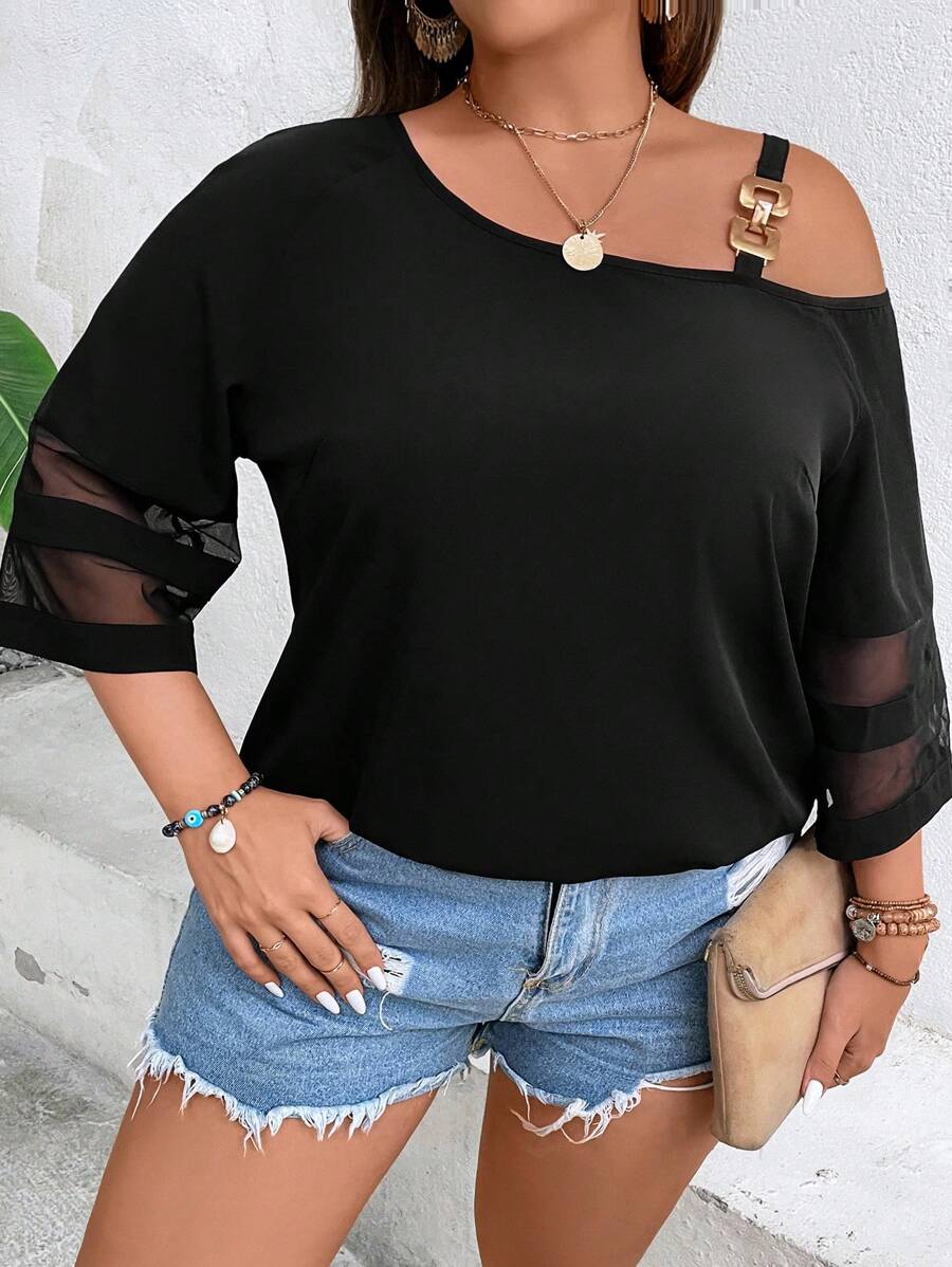 SHEIN LUNE Áo sơ mi Plus Size Chuỗi Bất đối xứng Tương phản Mesh màu trơn Giải trí - màu đen - Xem 1
