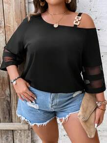 SHEIN LUNE Áo sơ mi Plus Size Chuỗi Bất đối xứng Tương phản Mesh màu trơn Giải trí - màu đen - Xem 3